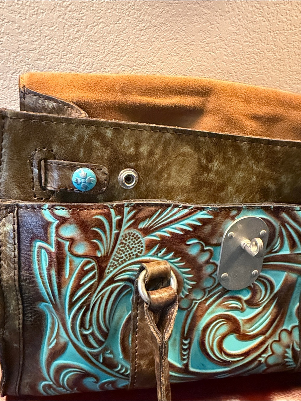 Patricia Nash Turquoise and Brown Tooled Floral Leather Satchel - Picture 5 of 10